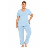 Özkan 1000-18-19 Kadın Bambu Kumaş Önü Patlı Dantelli Kısa Kollu Büyük Beden Pijama Takımı Mavi