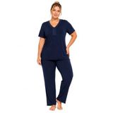 Özkan 1000-18-19 Kadın Bambu Kumaş Önü Patlı Dantelli Kısa Kollu Büyük Beden Pijama Takımı
