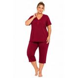 Özkan 1000-20 Kadın Bambu Kumaş Önü Patlı Dantelli Kısa Kollu Kapri Büyük Beden Pijama Takımı