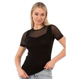 Özkan 26981 Kadın Premium Yumuşak Rahat Kumaş Ring Viskon Slim Fit Bisiklet Yaka Tül Detaylı Kısa Kollu Örme Bluz SİYAH