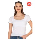 Özkan 27419 Kadın Pamuklu Rahat Kısa Kollu Süprem Kumaş Kare Yaka Crop T-Shirt BEYAZ