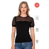Özkan 27680 Kadın Premium Kumaş Ring Viskon Kısa Kollu T-Shirt Bluz Bisiklet Yaka Tül Detaylı SİYAH