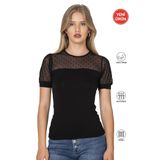 Özkan 27680 Kadın Premium Kumaş Ring Viskon Kısa Kollu T-Shirt Bluz Bisiklet Yaka Tül Detaylı