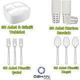 Özkan Ambalaj Temizlik 3 Gözlü Köpük Tabak - Plastik Çatal,kaşık - Karton Bardak Eko Set(50li Set)