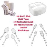 Özkan Ambalaj Temizlik 3 Gözlü Köpük Tabak - Plastik Çatal,kaşık - Karton Bardak Eko Set