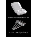 Özkan Ambalaj Temizlik 50 Adet 3 Bölmeli Kapaklı Köpük Tabak - 50 Adet Lüx ( Kalın ) Plastik Şeffaf Kaşık Mevlüd Seti