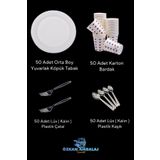Özkan Ambalaj Temizlik Orta Boy Plastik Köpük Tabak + Karton Bardak + Plastik Çatal + Plastik Kaşık 50 Li Set