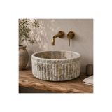 ÖZKAN Silver Traverten Silindir Çanak Yuvarlak Lavabo, Patlatılmış Teker Lavabo