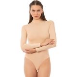 Özkan Underwear 0614 Kadın Penye Likralı Pamuklu Balıkçı Dik Yaka Uzun Kollu Kancalı Çıtçıtlı Örme Body - Ten - S