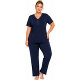 Özkan Underwear Özkan 1000-18-19 Kadın Bambu Kumaş Önü Patlı Dantelli Kısa Kollu Büyük Beden Pijama Takımı - Lacivert - 2XL
