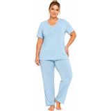 Özkan Underwear Özkan 1000-18-19 Kadın Bambu Kumaş Önü Patlı Dantelli Kısa Kollu Büyük Beden Pijama Takımı - Mavi - 5XL
