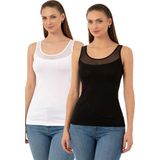 Özkan Underwear Özkan 20575 2'li Paket Kadın Pamuklu Likralı Süprem Siyah Beyaz Tül Detaylı Kalın Askılı Atlet - Siyah - Beyaz