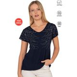 Özkan Underwear Özkan 25908 Kadın Vorteks Viskon Premium Kumaş Taş Detaylı Likralı Kısa Kollu Örme Bluz - Lacivert - 3XL