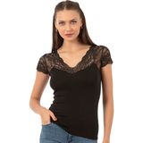 Özkan Underwear Özkan 26947 Kadın Pamuklu Modal Esnek Yumuşak Önü Dantel Detaylı V Yaka Atlet - Siyah