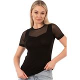Özkan Underwear Özkan 26981 Kadın Premium Yumuşak Rahat Kumaş Ring Viskon Bisiklet Yaka Tül Detaylı Kısa Kollu Örme Bluz - Siyah