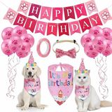 Özkaya Store Evcil Hayvan Doğum Günü Süsleme Seti Pembe – Köpek ve Kedi Için Birthday Party Konsept Paketi – Balon, Happy Birthday Banner, Bandana, Papyon, Şapka ve Parti Aksesuarları - Tek Renk - Belirtilmemiş