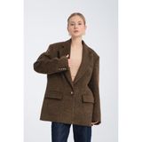 Özlem Yıldız Kahverengi Oversize Yün Karışımlı Kaşe Ceket - Maskülen Kesim Kadın Blazer 42 - 0-Kahverengi