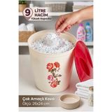 Özmet Desenli Kapaklı Çok Amaçlı Kova Deterjan Kovası Mandal Kovası Kedi Maması Saklama Kutusu (9 Litre)