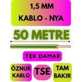 Öznur 1,5 mm Nya Kablo Metre Seçenekli (Sarı-Yeşil) - 50 METRE