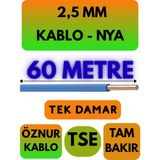 Öznur 2,5 mm Nya Kablo Metre Seçenekli (Mavi) - 60 METRE