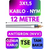 Öznur 3x1,5 Antigron (Nym) Kablo (Gri) Metre Seçenekli - 12 METRE
