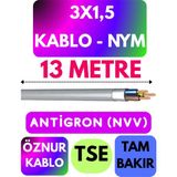 Öznur 3x1,5 Antigron (Nym) Kablo (Gri) Metre Seçenekli - 13 METRE
