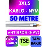 Öznur 3x1,5 Antigron (Nym) Kablo (Gri) Metre Seçenekli - 50 METRE