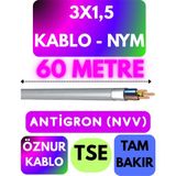 Öznur 3x1,5 Antigron (Nym) Kablo (Gri) Metre Seçenekli - 60 METRE