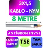 Öznur 3x1,5 Antigron (Nym) Kablo (Gri) Metre Seçenekli - 8 METRE