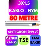 Öznur 3x1,5 Antigron (Nym) Kablo (Gri) Metre Seçenekli - 80 METRE
