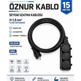 Öznur Kablo Seyyar Uzatma Kablosu 15 Metre | Ttr 3x1,5 mm %100 Tam Bakır Kablo | Seldur 3'lü Kauçuk Grup Priz | Orel Kauçuk Fiş | IP54 IP44 - Siyah