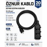 Öznur Kablo Seyyar Uzatma Kablosu 20 Metre | Ttr 3x1,5 mm %100 Tam Bakır Kablo | Seldur 3'lü Kauçuk Grup Priz | Orel Kauçuk Fiş | IP54 IP44 - Siyah