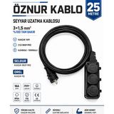 Öznur Kablo Seyyar Uzatma Kablosu 25 Metre | Ttr 3x1,5 mm %100 Tam Bakır Kablo | Seldur 3'lü Kauçuk Grup Priz | Orel Kauçuk Fiş | IP54 IP44 - Siyah