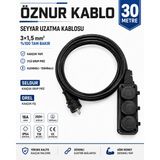 Öznur Kablo Seyyar Uzatma Kablosu 30 Metre | Ttr 3x1,5 mm %100 Tam Bakır Kablo | Seldur 3'lü Kauçuk Grup Priz | Orel Kauçuk Fiş | IP54 IP44 - Siyah