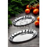 ÖzSa Home 2'li Paslanmaz Çelik Meyve ve Salata Tabağı Servis Sunum Parlak Dilimli Kayık Tabak Seti No:4 & No:5