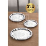 ÖzSa Home 3'lü Paslanmaz Çelik Desenli Yuvarlak Çay Tepsi Kahve Servis Sunum Tepsi 36-40-44 cm