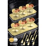 ÖzSa Home 6 Kişilik Gold Dondurmalık Sunum Seti Ayaklı Dondurma Tatlı Kasesi 2li Tepsi Dondurma Kaşığı Seti