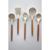 ÖzSa Home Bambu Saplı Beyaz Çizmez Silikon Kevgir Kepçe Kaşık Makarna Salata Kaşığı Spatula 5'li Servis Set - Krem