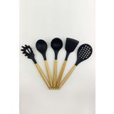 ÖzSa Home Bambu Saplı Siyah Çizmez Silikon Kevgir Kepçe Kaşık Makarna Salata Kaşığı Spatula 5'li Servis Set