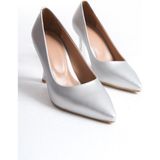 Özse Shoes Bej Rengi Cilt Kadın Topuklu Ayakkabı Stiletto - Gümüş
