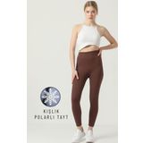 Ozy Fashion Kışlık Polarlı Fitilli Kadın Yüksek Bel Dikişsiz Tayt Kahverengi S