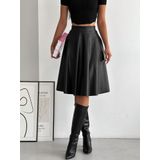 Ozy Fashion Siyah Yüksek Bel,İçi Şardonlu,Beli Lastikli,Deri Kroşe Etek Siyah XL