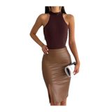 Ozy Fashion Taba Renk Yüksek Bel,içi Şardonlu,yırtmaçlı,beli Fermuarlı,kalem Deri Etek Açık Kahverengi-XL
