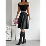 Ozy Fashion Yüksek Bel,içi Şardonlu,beli Lastikli,deri Kroşe Etek K0034 - Siyah - M