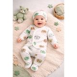Ozz Baby Unısex Yeni Doğan 0/3 Ay Yavru Ayı Zıbın Seti Dış Üst Zıbın Dış Alt Şapka 3 Parça - Yeşil - Ekru - 0 - 3 Ay