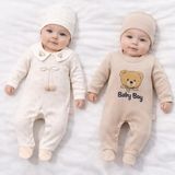 Ozz Baby Yeni Doğan Erkek Bebek 0/3-3/6 Ay Baby Boy 2li Tulum Seti ve Müslin Battaniye Takım (5 PARÇADAN OLUŞUR) - Ekru - Bej - 0- 3 Ay