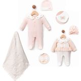 Ozz Baby Yeni Doğan Kız Bebek 0/3-3/6 Ay Brodeli 2li Tulum Seti ve Müslin Battaniye Takımı (Hediyelik ) - Somon - Beyaz - 3 - 6 Ay