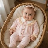 Ozz Baby Yeni Doğan Kız Bebek 0/3 Ay Yakalı Ucu Dantelli 3'lü Bebek Takımı Zıbın Seti - Pembe - Açık Elma - 0 - 3 Ay