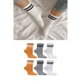 Ozzy Socks Kadın Çizgili Kolej Çorabı, 6 Çift, Sarı Gri Beyaz, Pamuklu Tenis Çorabı Seti, 36-40 Beden