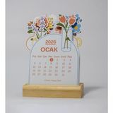 Ozzypix 2026 Yılı Ahşap Standlı Masaüstü Takvimi, Minimal Çiçek Temalı Takvim, 8X12 cm